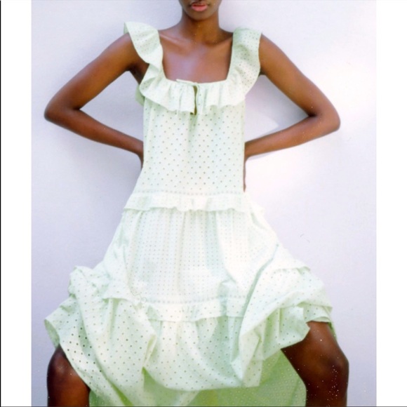 Zara mint green open work/eyelet embroidery midi dress - Picture 4 of 17